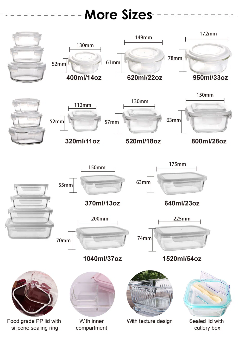 Wholesale Microwave Borosilicate Glass Round Food Storage Container with Colored Lid and Plastic Spoon